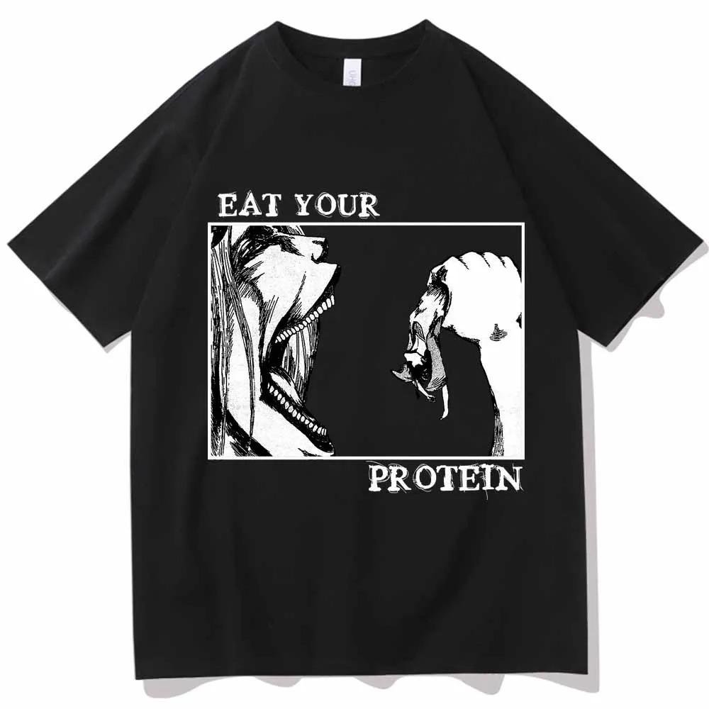 

2026 Attack On Titan T-Shirts Eat Your Protein Shirt Man Women Summer Casual O-Neck Short Sleeve Shirts Hip Hop Streetwear Oversized Tshirt 4XL
