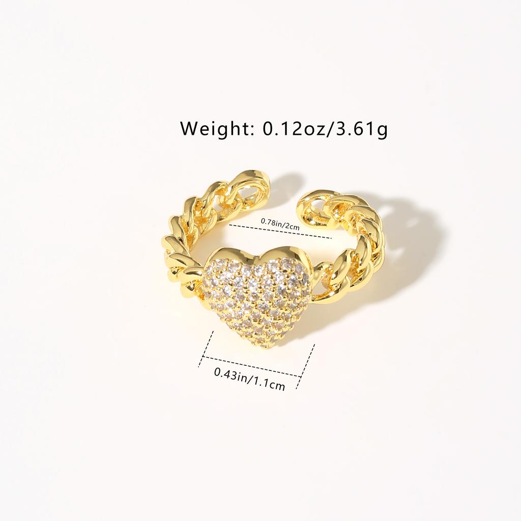 Golden Plated Cuban Link Open Adjustable Ring with Synthetic Zircon Heart for Women Trendy Statement Jewelry Gift