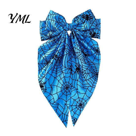 Holiday Themed Hair Accessories for Women Halloween Bow Clip Girls, Spider Web Barrettes Chic Satin Bows with Streamers Clips, Large Bowknot