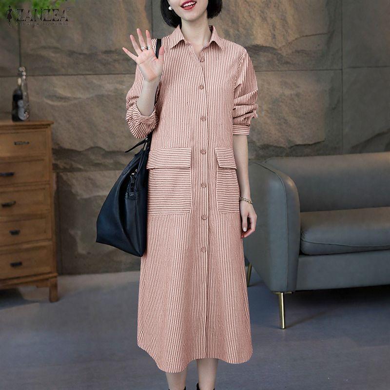 ZANZEA Women Casual Turn Down Collar Loose Long Sleeve Stripe Dress