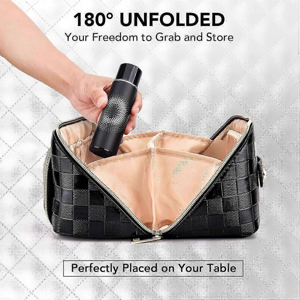 Travel Makeup Bag for Women, Large PU Leather Waterproof Checkered Cosmetic Bags, Open Flat Toiletry Bag, Make up Organizer with Divider and Handle