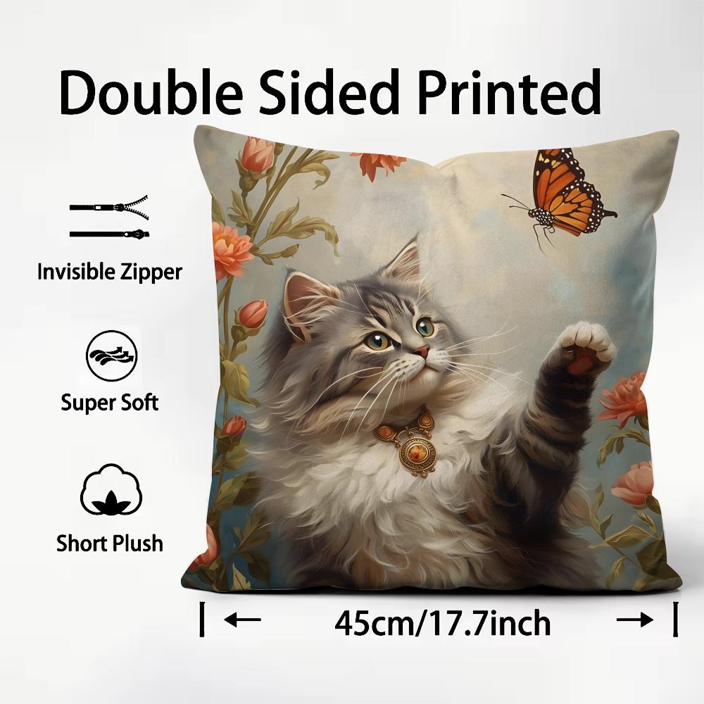 Cat And Flower Fashion Cushion Cover Plush Fabric Soft DoubleSided Printed Sofa Warm Winter Home Child Gift Pillow Case