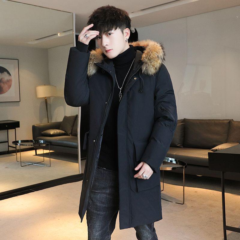 

Мужская зимняя куртка средней длины с воротником из натурального меха - Толстая, теплая, молодежного стиля, повседневное пальто. M (Recommended: 90-120 jin) чёрный