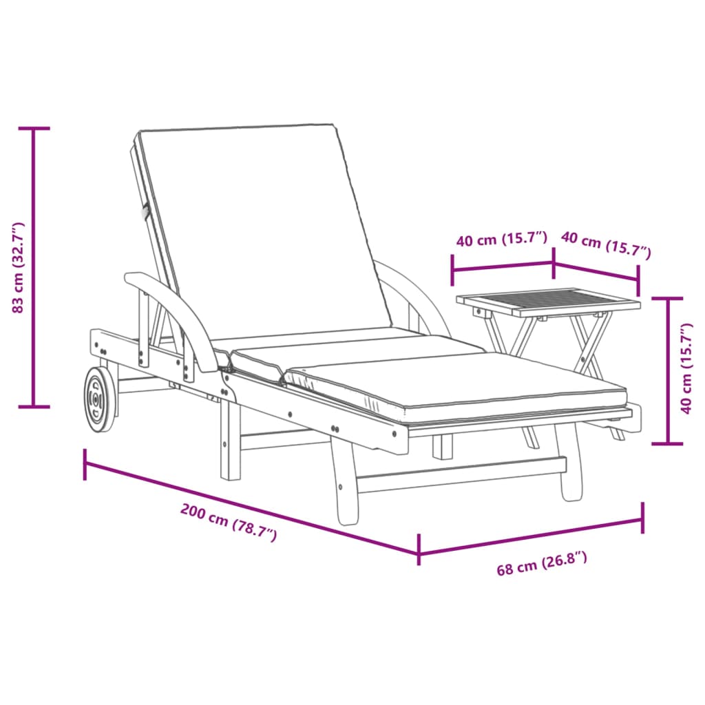 Sun Lounger with Cushion and Table Solid Acacia Wood