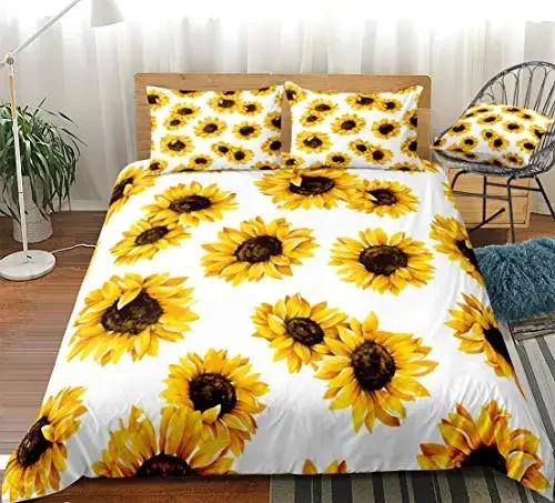 Yellow Flower Duvet Cover Set Sunflower Bedclothes Sunflower Fields With Sunset Printed Botanical Flowers Polyester Bedding Set