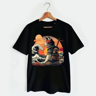 100% Cotton TOPS UNISEX TEES MENS WOMENS Retro Samurai Cat T-shirt The Great Wave Off Kanagawa Hokusai