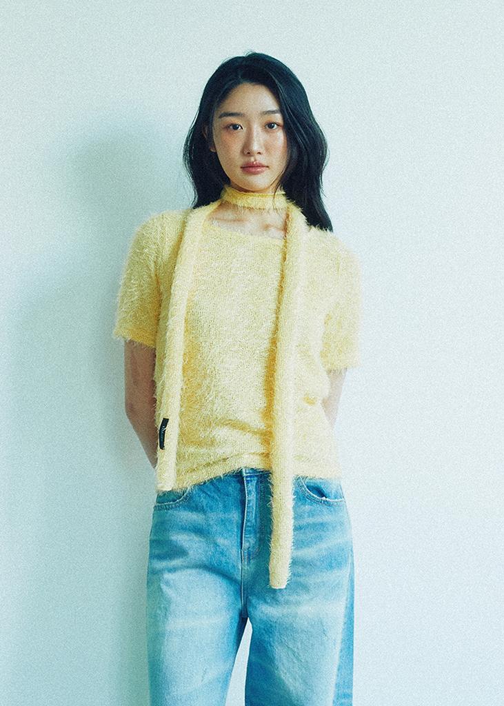 KOOKEESEE Hairy Fabric Round Neck Top (Yellow)