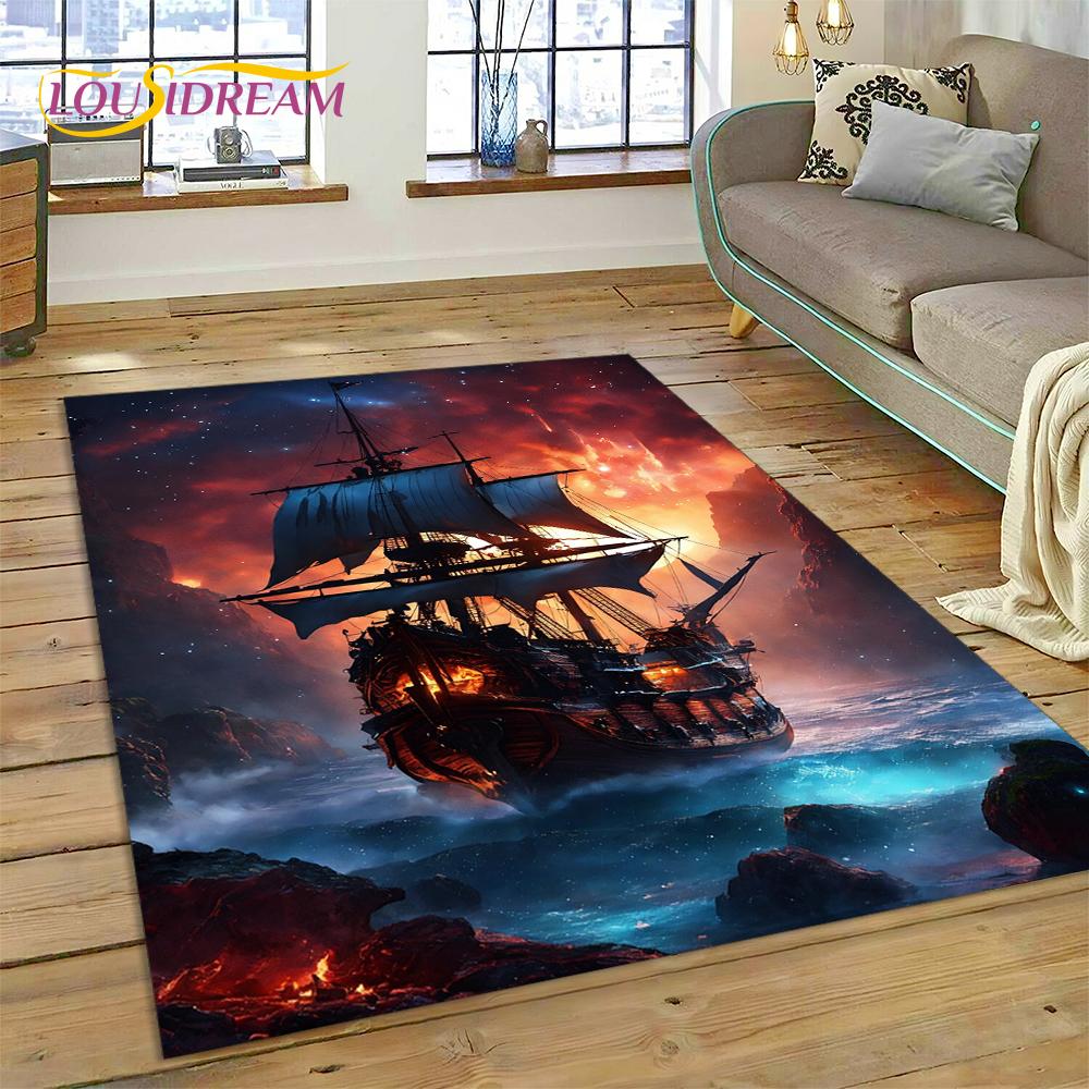 Antikes Piratenschiff Boot, Barke, Segelboot Teppich für Wohnzimmer Schlafzimmer Dekoration, Bodenteppich Rutschfeste Dekoration für Sofa Fußmatte