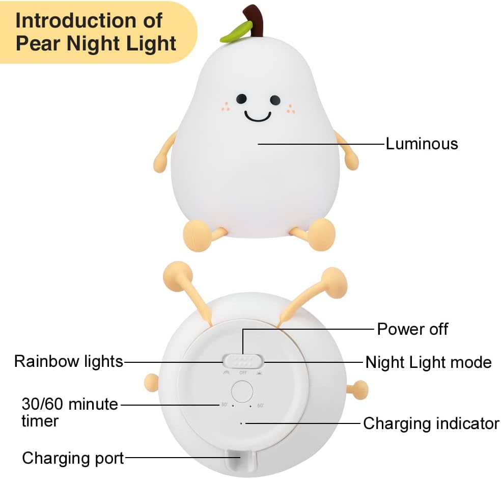 Cute Pear Night Light for Kids USB Rechargeable Nursery Lamp Eye Caring Night Light Multicolor Night Lamp Gift