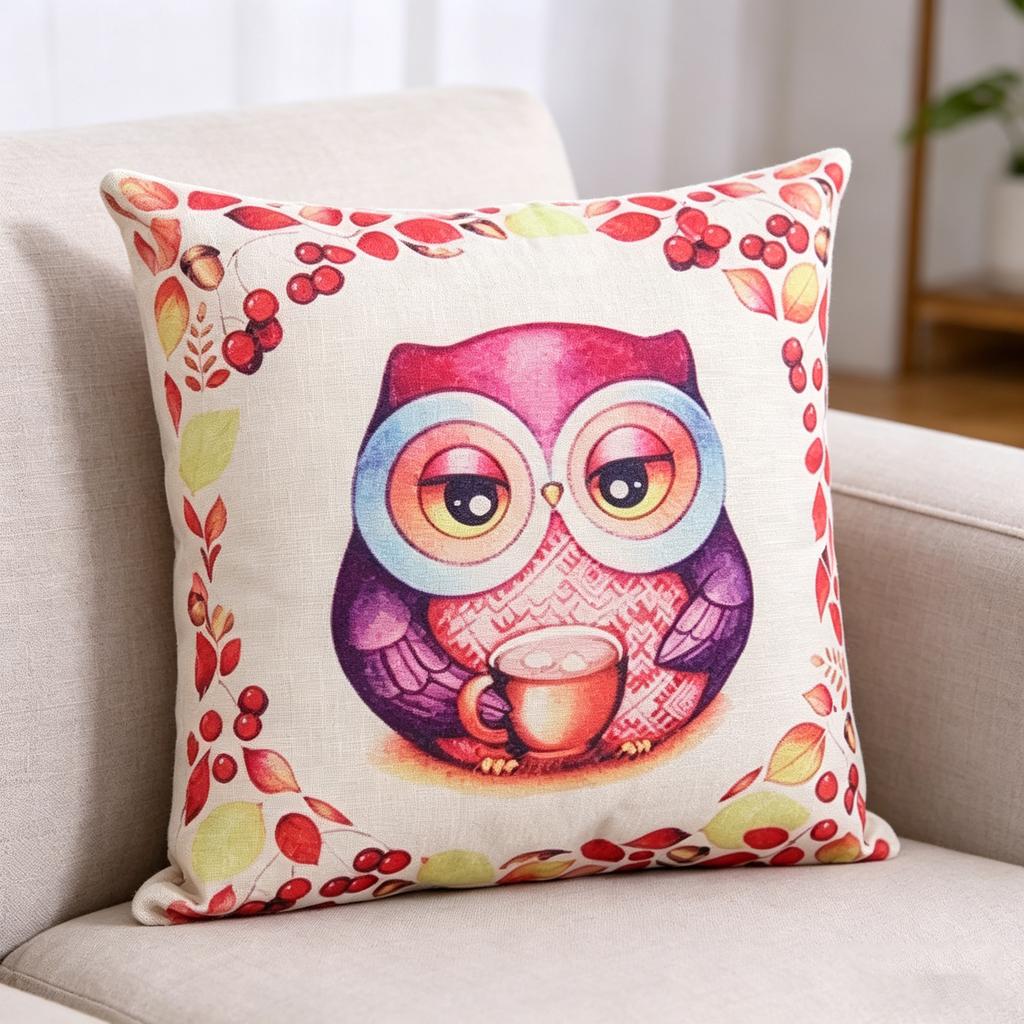 Cute Autumn Owl Throw Pillow Cover, Fall Watercolor Linen Cushion Cover for Seasonal Home Decor