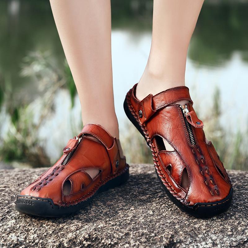 Men Outdoor Hiking Sandals Brown Leather Closed Toe Blue Beach Shoes Walking Handmade Sandals Plus Size