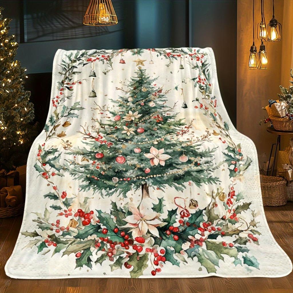 Vintage Watercolor Christmas Tree Throw Blanket, Cozy Festive Flannel Blanket for Couch Bed Decor