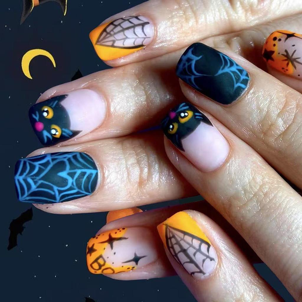 24 Piece Halloween Orange French Spider Web Gothic Press On Nails With Dark Bat Design And Black Glitter For Women Party