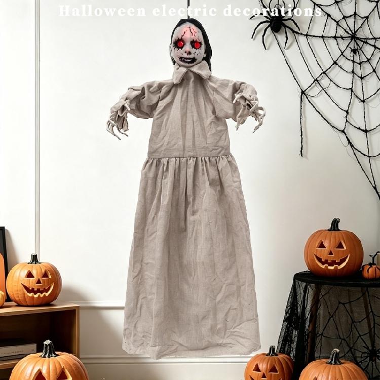 Electric Skeleton Girl Decoration for Halloween Party Entryways, Hanging Motor Animated Figure With Long Dress, Dark Hair, and Skeletal Hand