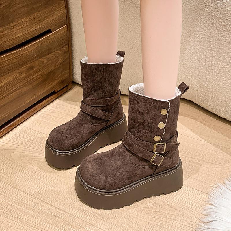 Winter Buckle Ankle Flat with Snow Boots Zip Mid Heel Shoes Female 2025 Fashion Ladies Shoes Round Toe Concise Women's Boots