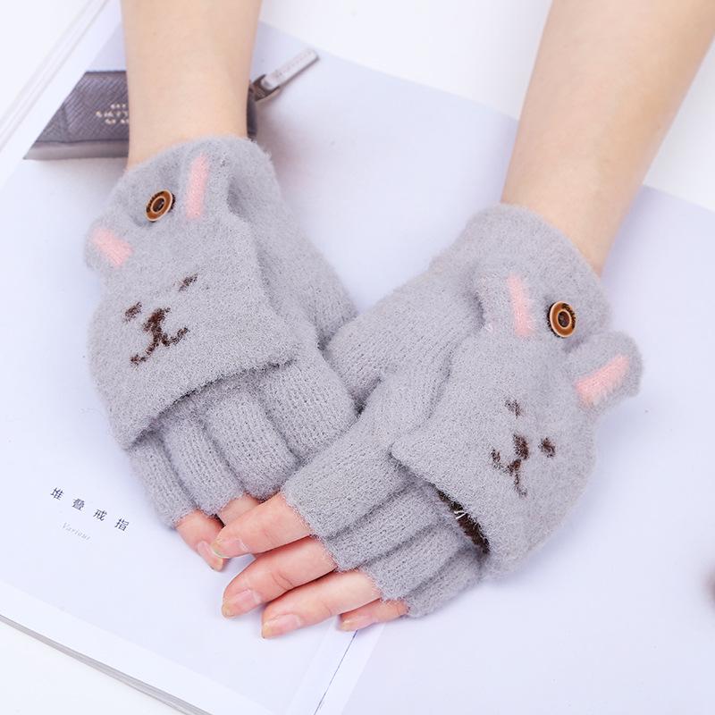 Student Writing Half Finger Flip Gloves Plush Cute Bunny Face Women Touchscreen Cold Proof Winter