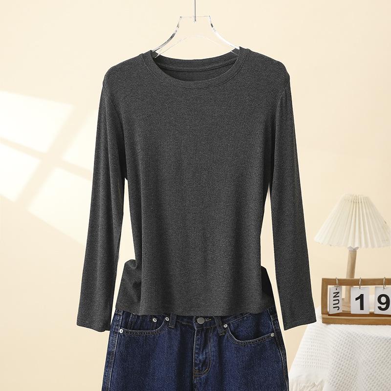 

Женский облегающий топ с длинным рукавом, из трикотажа в рубчик - Весна 2025, универсальная футболка с круглым вырезом M