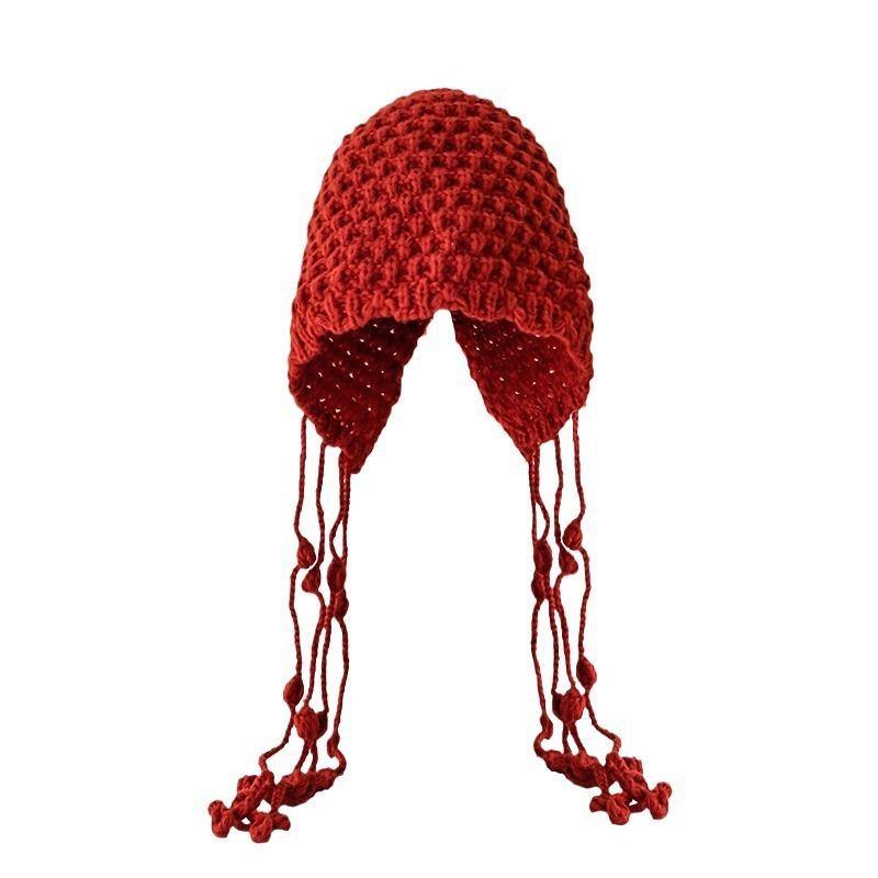 Autumn and Winter Warm Wool Hat, Hand-woven Hollow Bald Hat, Women's Fringed Ear Protector, Sleeves, Knitted Hat