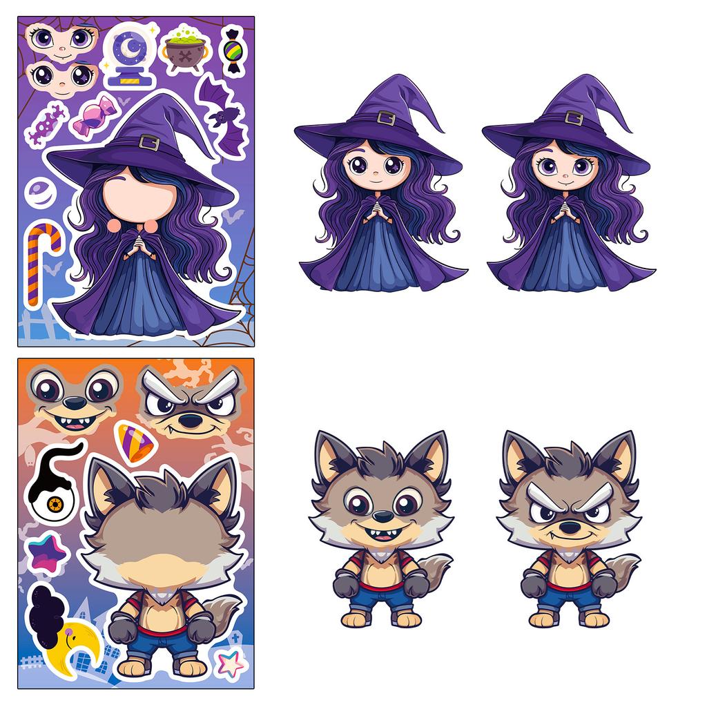 6Sheets Halloween DIY Puzzle Sticker Games 6 Pumpkin Ghost Mummy Witch Make A Face Funny Assemble Jigsaw Stickers Kids Toys