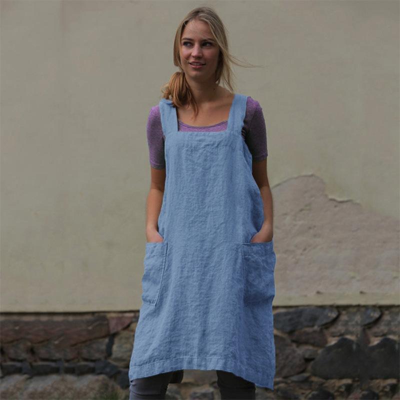 Women's Cotton and Linen Apron, Home Wear, Loose Long Dress