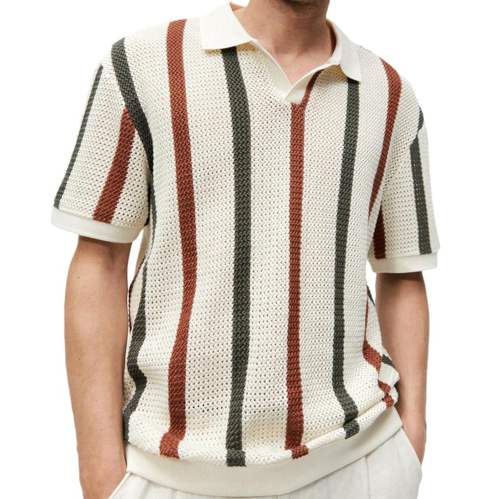 Maglione a Maglia Grossa con Lavorazione a Punto Vuoto a Strisce Bicolore in Lana Casual da Uomo Stile Europeo e Americano Polo