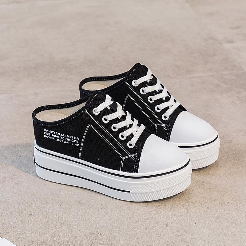 Fashion 8CM Canvas Shoes Women Chunky Sneakers Comfortable Hidden Heels Hollow Platform Wedge Breathable Slippers Summer Shoes