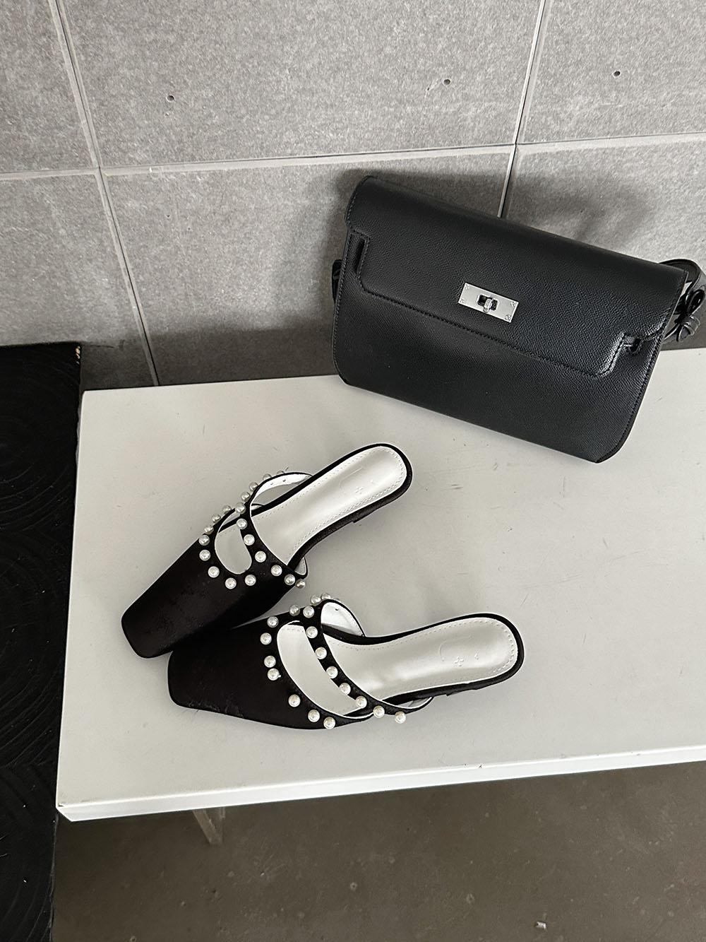 

Модные женские тапочки с квадратным носком, летние уличные туфли-мюли, черные, белые, розовые, с жемчужным дизайном, повседневные туфли на толстом среднем каблуке, туфли-лодочки для вечеринок, размеры 35-39 7.5 чёрный