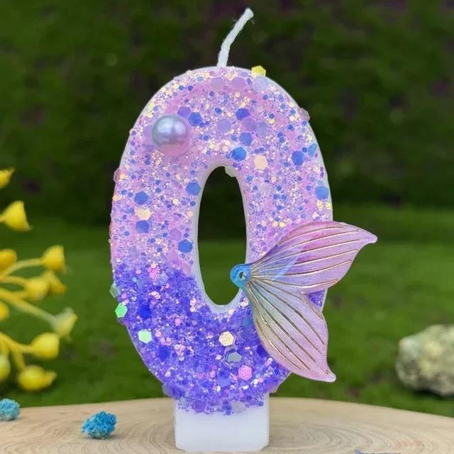 Purple Mermaid Tail Glitter 0-9 Number Candle Birthday Party Candle for Girls Cake Decoration Fish Tail Wedding Boys Girls Gifts