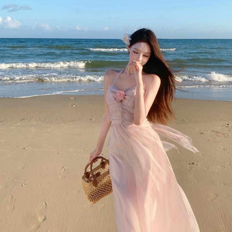 Pink Sexy Suspender Neck Halter Princess Fairy Vacation Dress Summer Seaside Photo Fairy Long Skirt