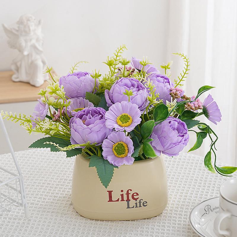 Living Room Decor: Artificial Sunflower and Green Plant Arrangements, Small Potted Plants, and Plastic Bouquets
