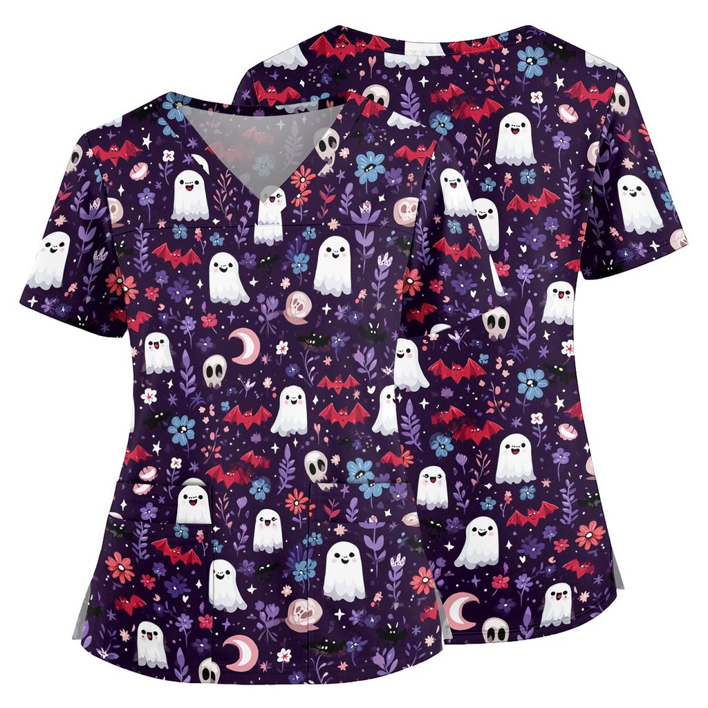 Halloween Print V Neck Medical Scrub Top with Pockets Side Slits Short Sleeve Nurse Uniform Shirt for Women