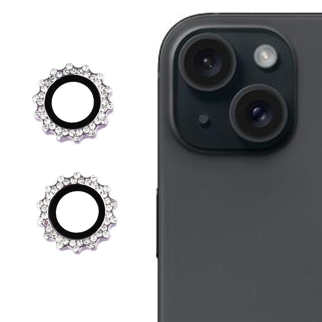 1Set For iPhone 15/15 Plus Camera Lens Protector Gear Shape Rhinestone Decor Tempered Glass Lens Film