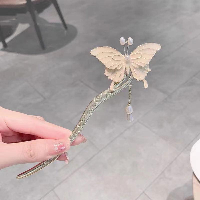 Fermacapelli Vintage con Nappa e Perle a Forma di Farfalla per Qipao e Hanfu