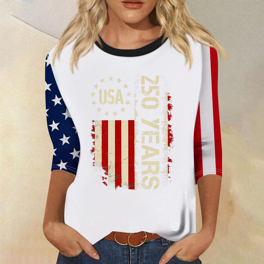 Women's Fashion Casual Seven-Sleeve Independence Day Print Round Neck Top