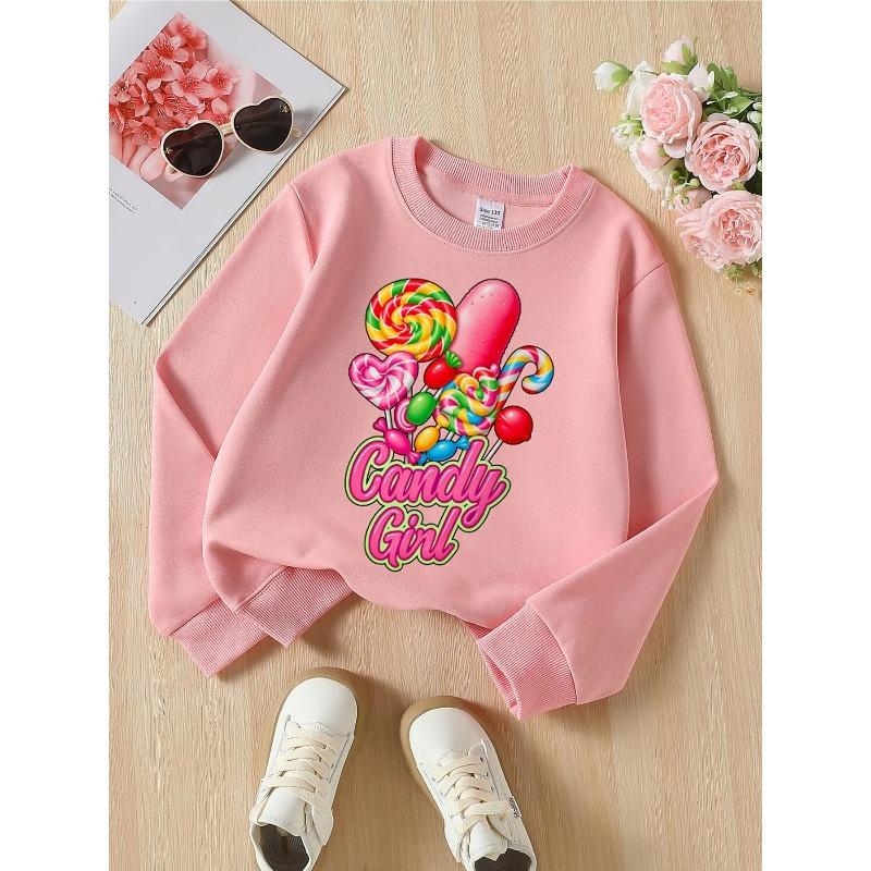 Kids Unisex Crewneck Sweatshirt, Colorful Lollipop Candy Print With Text "Candy Girl" Soft Fleece Pullover For Kids Over 4 Years Old