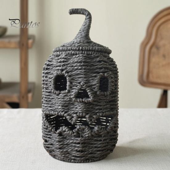 Halloween Candy Holder Handwoven Pumpkin Basket, Spooky Storage Basket with Lid, Vintage Wicker Rustic Seagrass Light Up Lantern LED Candle for Table