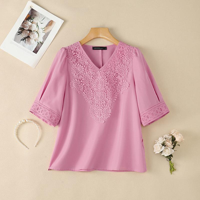 ZANZEA Blusa Casual da Donna a Maniche Corte con Patchwork di Pizzo e Scollo a V