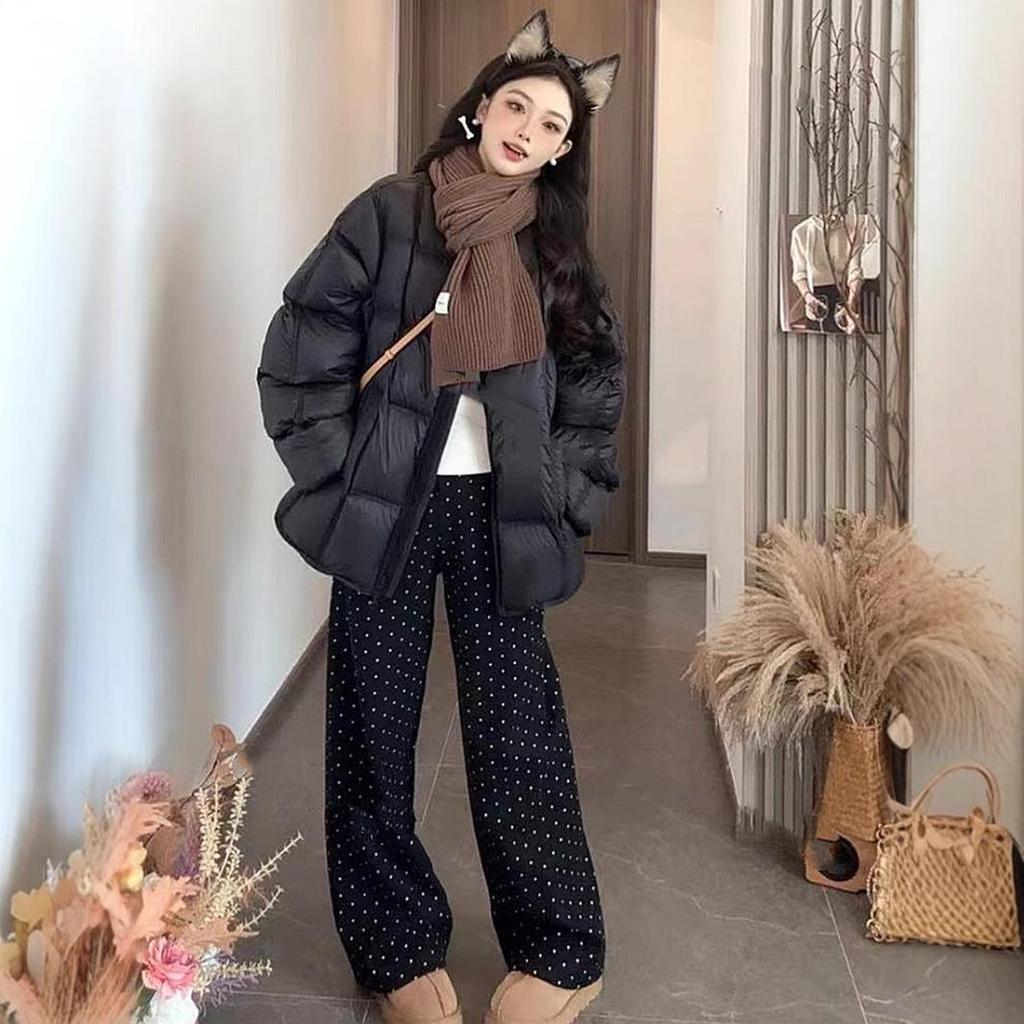 2024 Women's Korean Style Quilted Check Down Puffer Jacket - Round Neck, Warm & Loose Fit for Winter