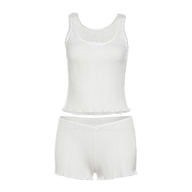 

# Sisjuly# Babygirl Pure Desire Lace Splicing Sling Vest Camisole Boxer Mini Shorts Suit Women White S