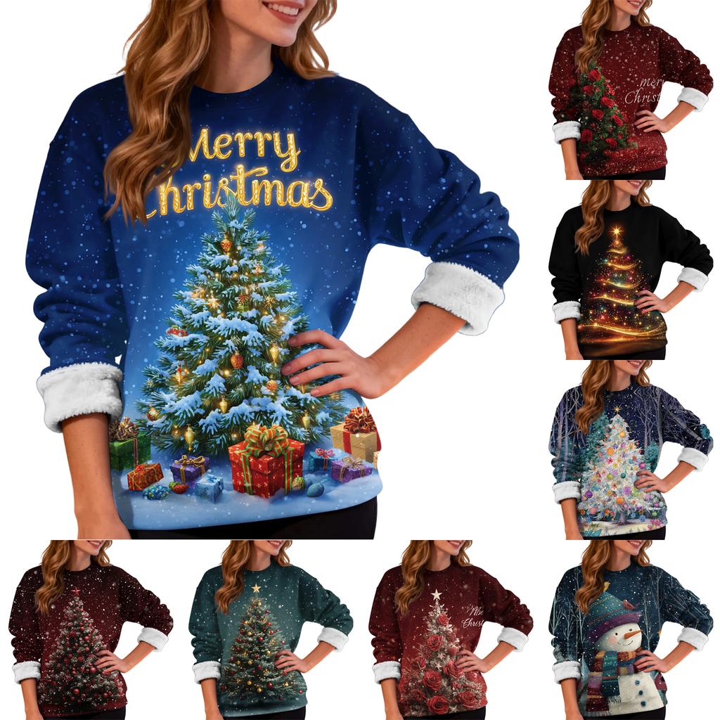 Women's Casual Fashion Round Neck Plus Velvet Thickened Christmas Print Sweatshirt