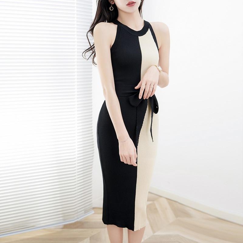 Dámské letní žakárové pletené strečové zeštíhlující patchworkové šaty na zavazování