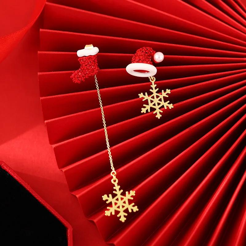 New Design Asymmetric Snowflake Christmas Boot Hat Drop Earrings for Women Moving Santa Claus Long Tassel Earring Party Zircon