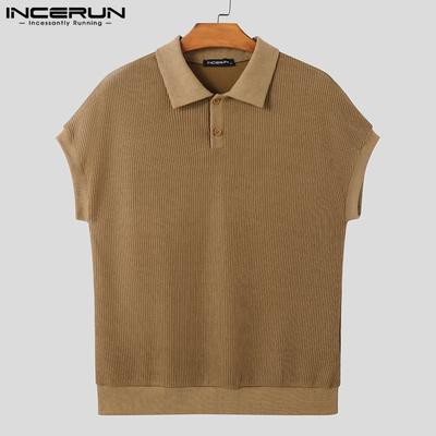 Men Lapel Neck Solid Color Stitching Texture Casual T-shirt Tops