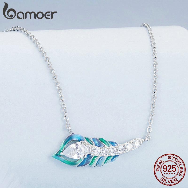 

BAMOER, стерлинговое серебро 925 пробы, сверкающий циркон, синяя эмаль, подвеска в виде пера павлина, ожерелье для женщин, подарок на день Святого Валентина 925 silver