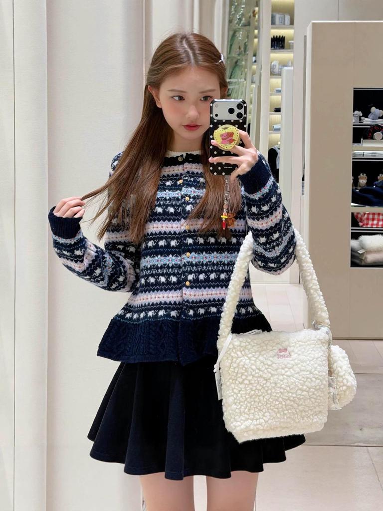 Women's Little Elephant Jacquard Knit Fair Isle Cardigan - Loose, Lazy Style for Spring and Autumn