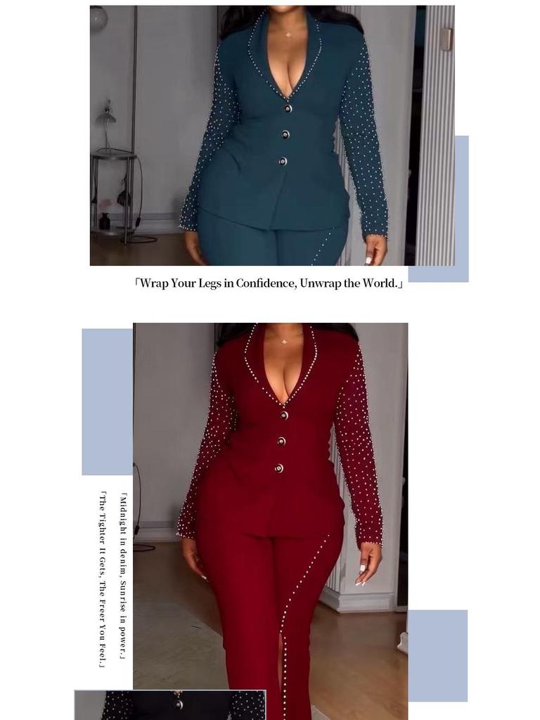Elegant Rhinestone Long Sleeve Low-Neck Slim Fit Two-Piece Pant Suit