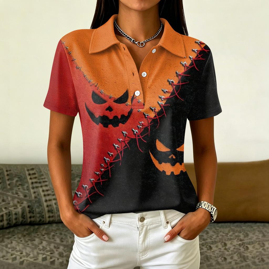 Women's Casual Button Down Short Sleeve Blouse with Halloween Print Lapel
