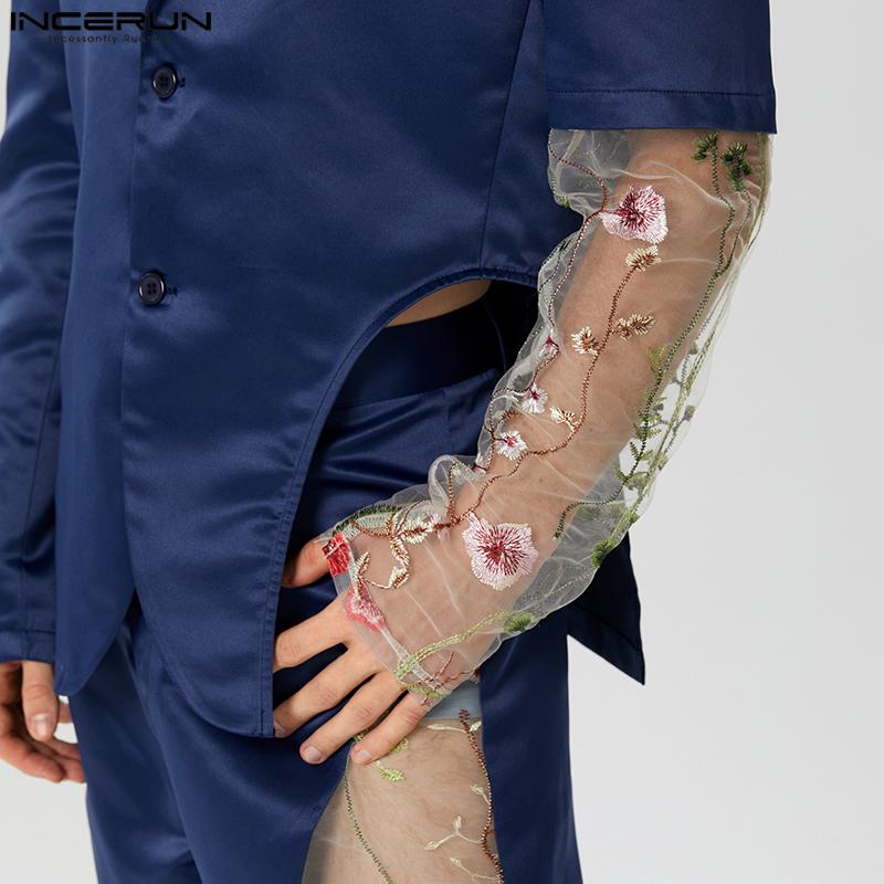 INCERUN Costum Două Piese Bărbați Dantela Broderie Cusături Cămăși de petrecere Pantaloni lungi