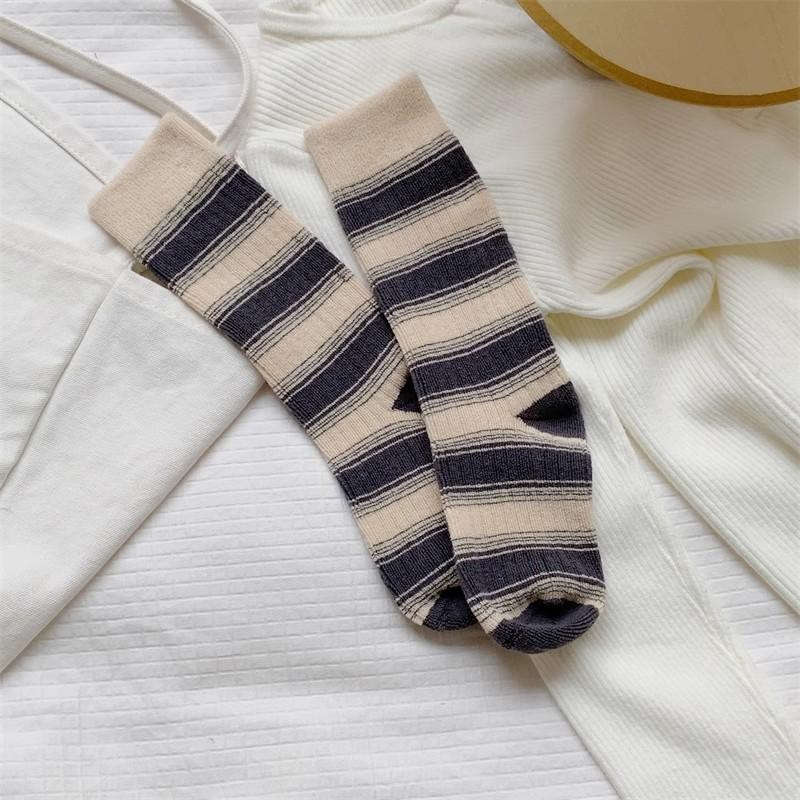 

Женские весенне-осенние винтажные хлопковые носки до колена с полосками на подошве и однотонные 1 pair молочный белый