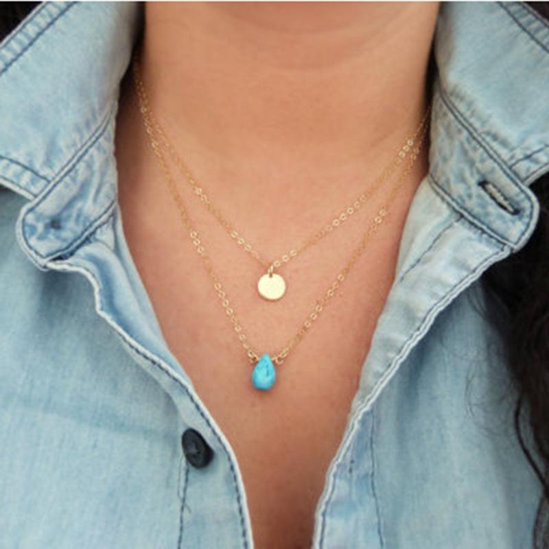 Accessories, Vintage Minimalist Women's Accessories, Double-layered Geometric Teardrop Turquoise Sequined Necklace